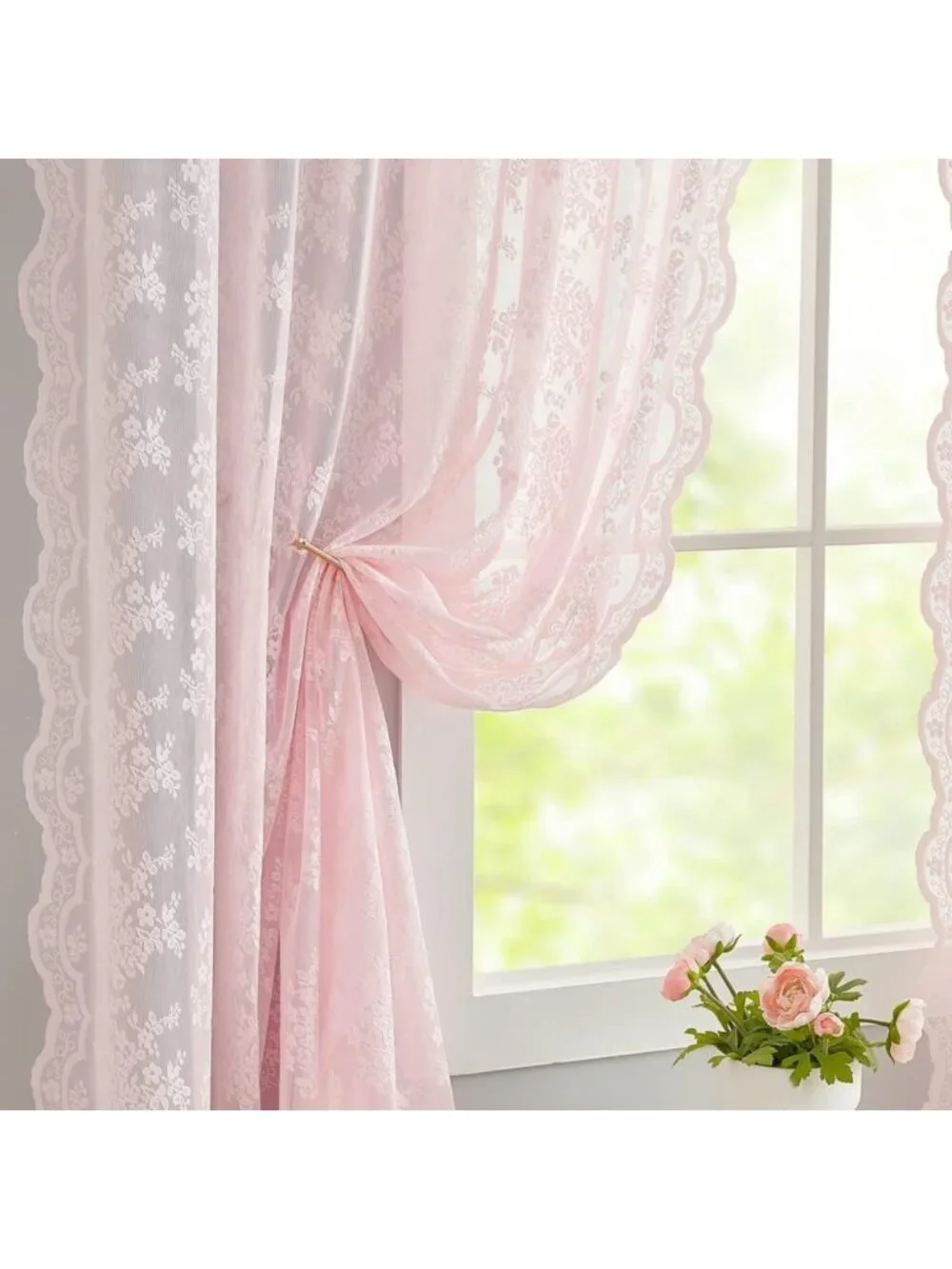 Cute Vintage Lace Curtains - Sheer Pink Floral Drapes for Girls' Room, 2 Panels